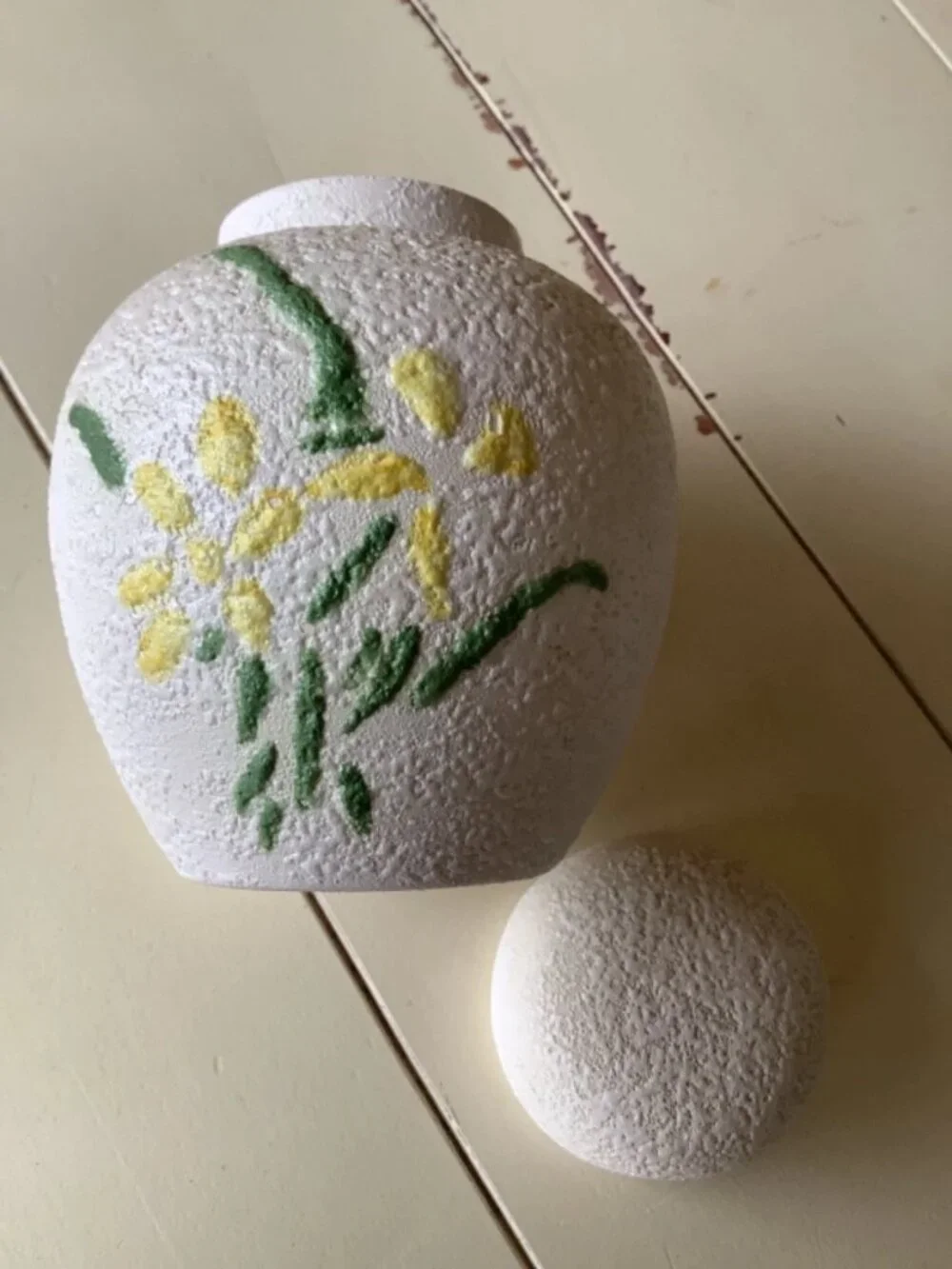 Vintage 70-80's Textured Ceramic White Ginger Jar Yellow Floral Design